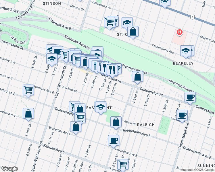 map of restaurants, bars, coffee shops, grocery stores, and more near 32 East 26th Street in Hamilton