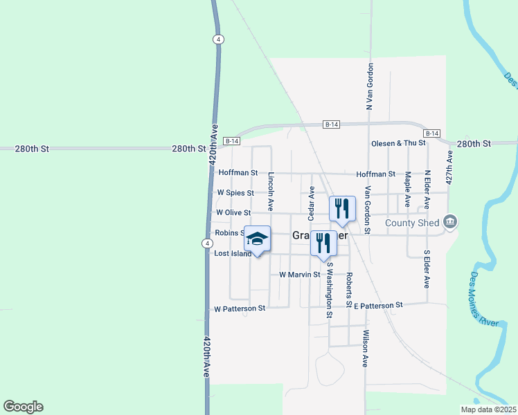 map of restaurants, bars, coffee shops, grocery stores, and more near 401-499 Olive St in Graettinger