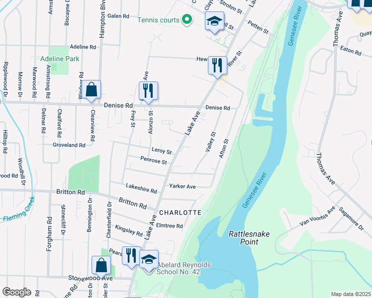 map of restaurants, bars, coffee shops, grocery stores, and more near 3764 Lake Avenue in Rochester