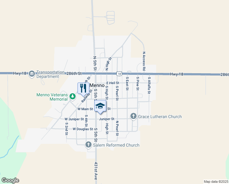 map of restaurants, bars, coffee shops, grocery stores, and more near 215 South Pearl Street in Menno