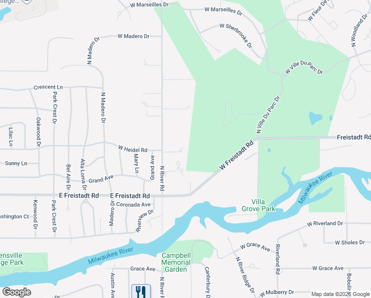 map of restaurants, bars, coffee shops, grocery stores, and more near 12138 North River Road in Mequon