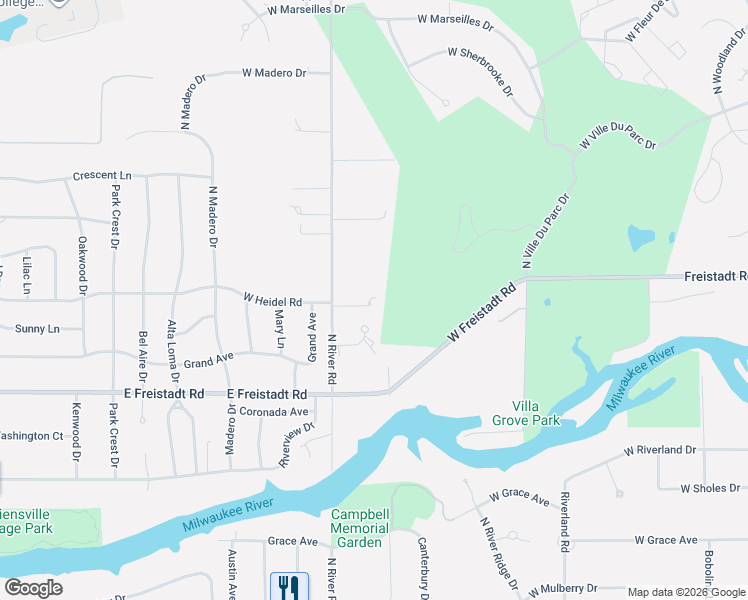 map of restaurants, bars, coffee shops, grocery stores, and more near 12138 North River Road in Mequon