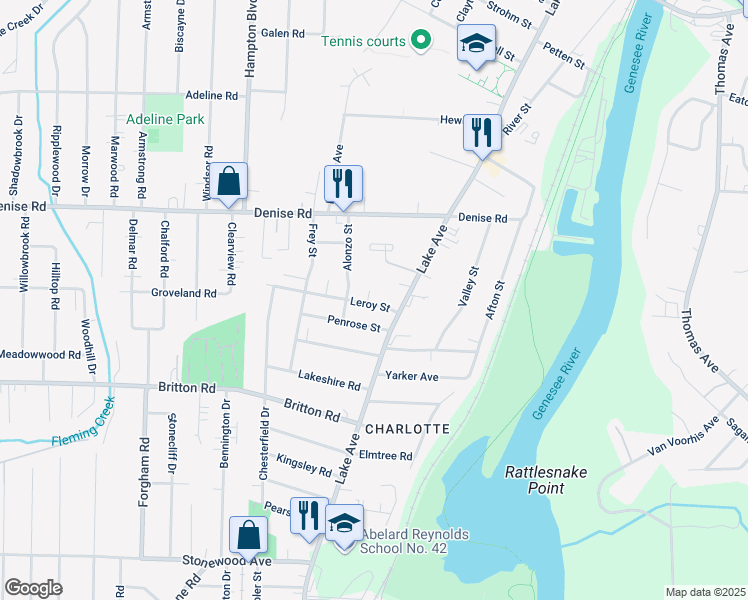 map of restaurants, bars, coffee shops, grocery stores, and more near 38 Leroy Street in Rochester