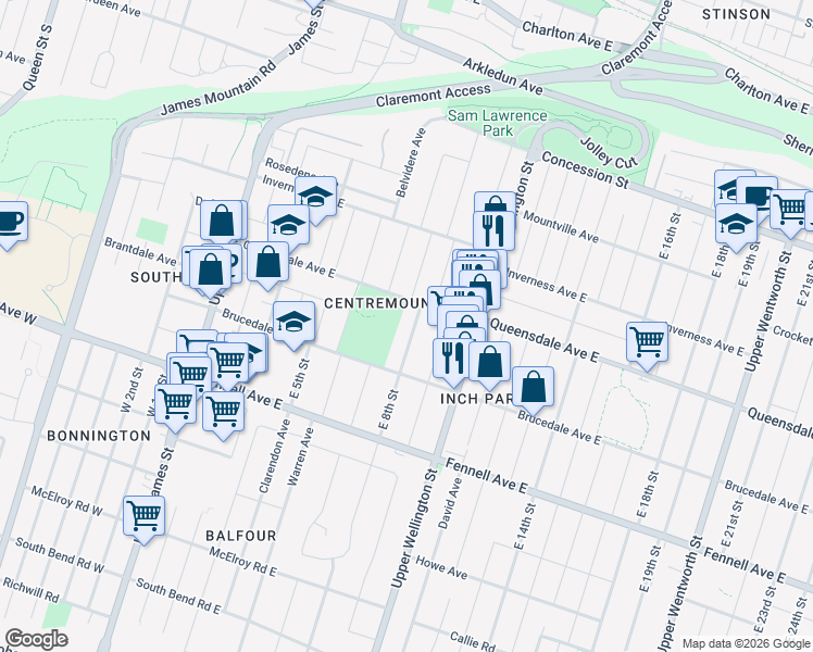 map of restaurants, bars, coffee shops, grocery stores, and more near 200 East 8th Street in Hamilton