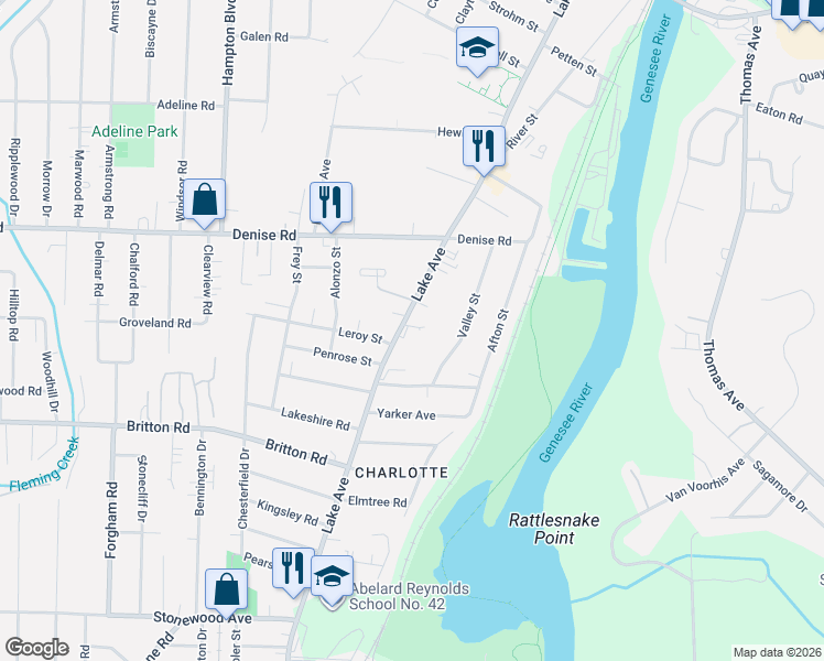 map of restaurants, bars, coffee shops, grocery stores, and more near 3764 Lake Avenue in Rochester