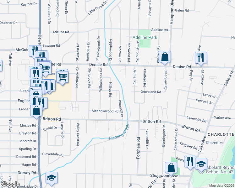 map of restaurants, bars, coffee shops, grocery stores, and more near 116 Woodhill Drive in Rochester