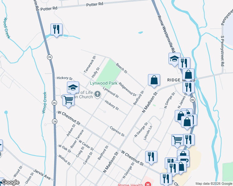 map of restaurants, bars, coffee shops, grocery stores, and more near 604 Lynwood Street in Rome