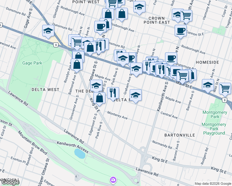 map of restaurants, bars, coffee shops, grocery stores, and more near in Hamilton