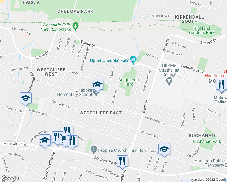 map of restaurants, bars, coffee shops, grocery stores, and more near 88 West 24th Street in Hamilton