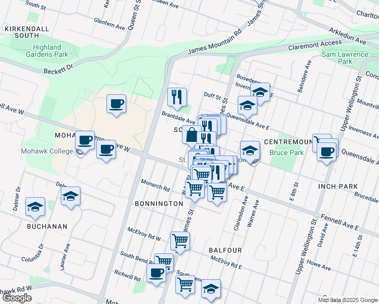 map of restaurants, bars, coffee shops, grocery stores, and more near 209 West 2nd Street in Hamilton
