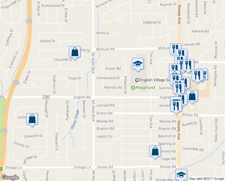 map of restaurants, bars, coffee shops, grocery stores, and more near 95 Wembly Road in Rochester