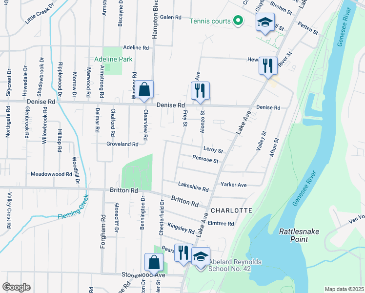 map of restaurants, bars, coffee shops, grocery stores, and more near 139 Leroy Street in Rochester