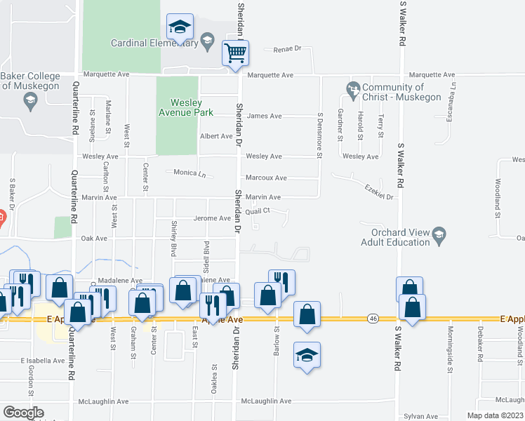 map of restaurants, bars, coffee shops, grocery stores, and more near 1729 Quail Court in Muskegon