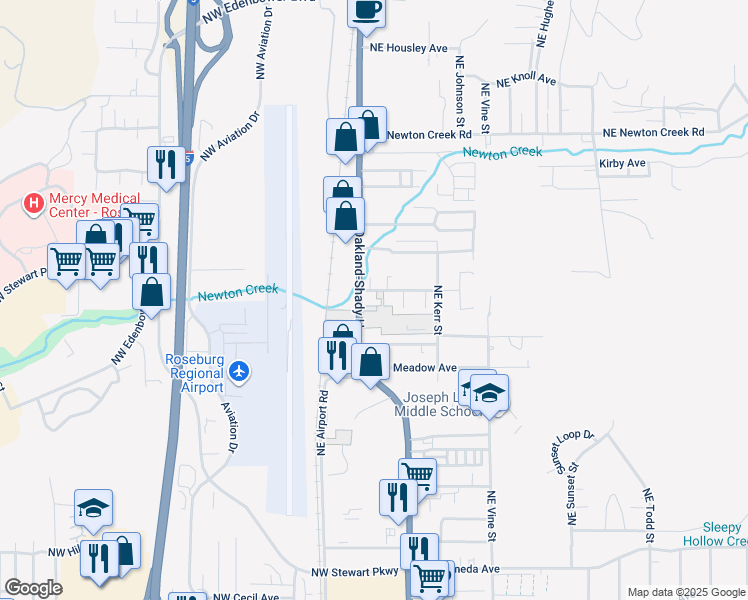 map of restaurants, bars, coffee shops, grocery stores, and more near 18 Oakland-Shady Highway in Roseburg