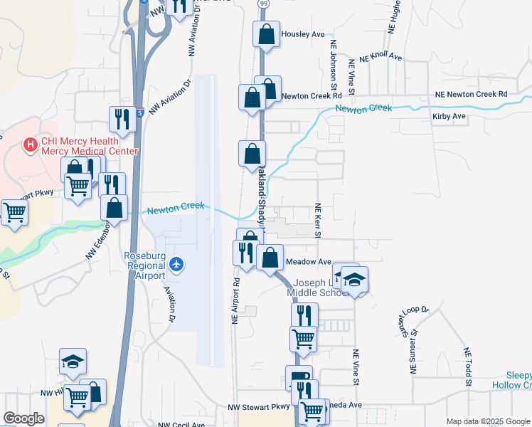 map of restaurants, bars, coffee shops, grocery stores, and more near 18 Oakland-Shady Highway in Roseburg