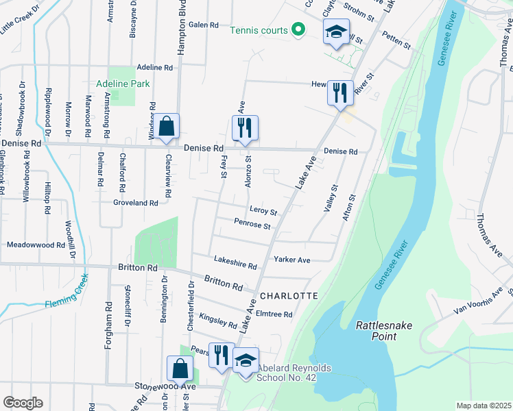 map of restaurants, bars, coffee shops, grocery stores, and more near 38 Leroy Street in Rochester
