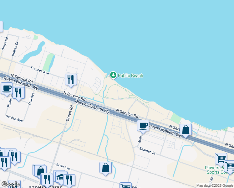 map of restaurants, bars, coffee shops, grocery stores, and more near 125 Shoreview Place in Hamilton