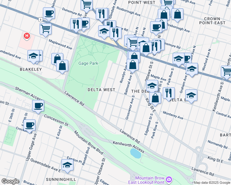 map of restaurants, bars, coffee shops, grocery stores, and more near 129 Kensington Avenue South in Hamilton