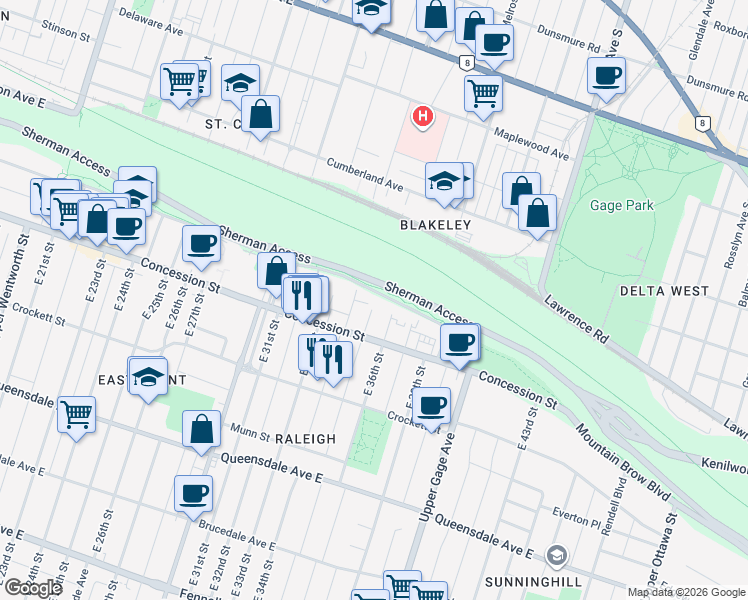 map of restaurants, bars, coffee shops, grocery stores, and more near 1 East 35th Street in Hamilton