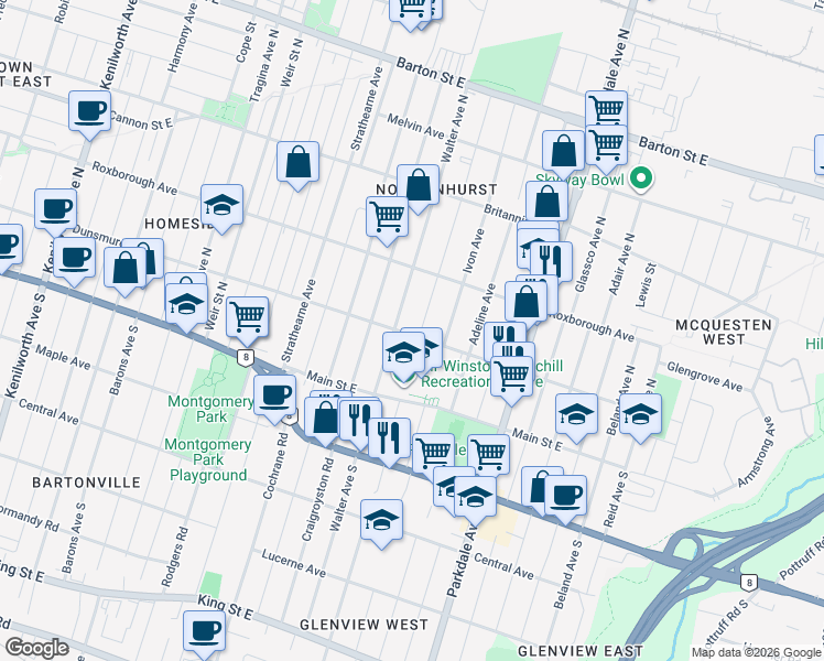 map of restaurants, bars, coffee shops, grocery stores, and more near 1065 Dunsmure Road in Hamilton
