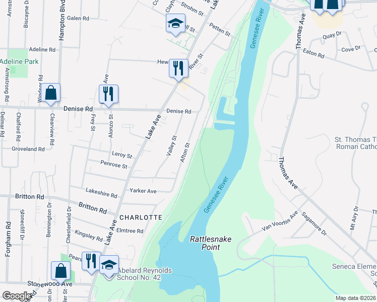 map of restaurants, bars, coffee shops, grocery stores, and more near 120 Afton Street in Rochester