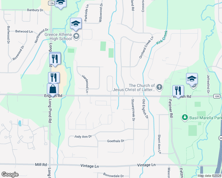 map of restaurants, bars, coffee shops, grocery stores, and more near 179 Parliament Circle in Rochester