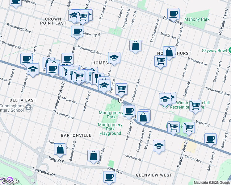 map of restaurants, bars, coffee shops, grocery stores, and more near 11 Fairfield Avenue in Hamilton