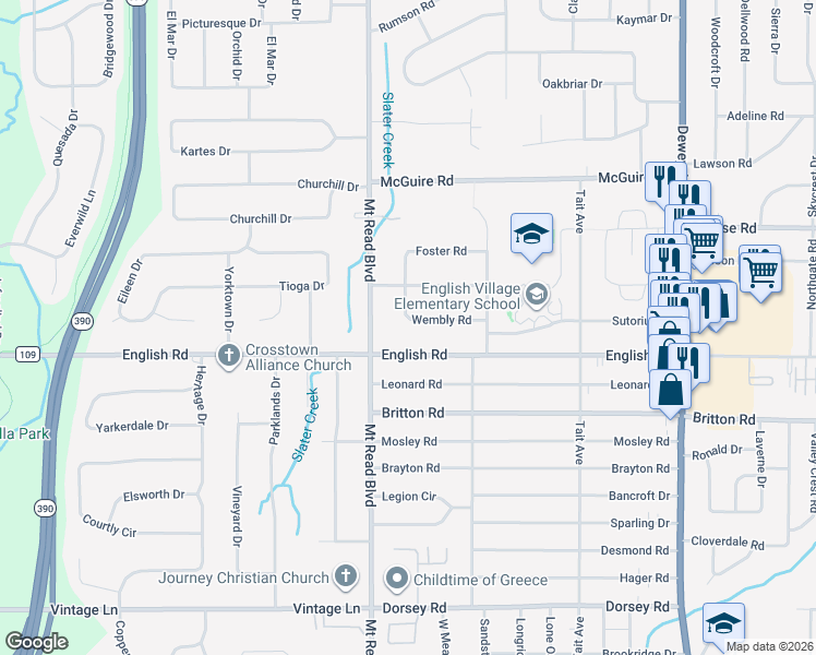 map of restaurants, bars, coffee shops, grocery stores, and more near 51 Wembly Road in Rochester