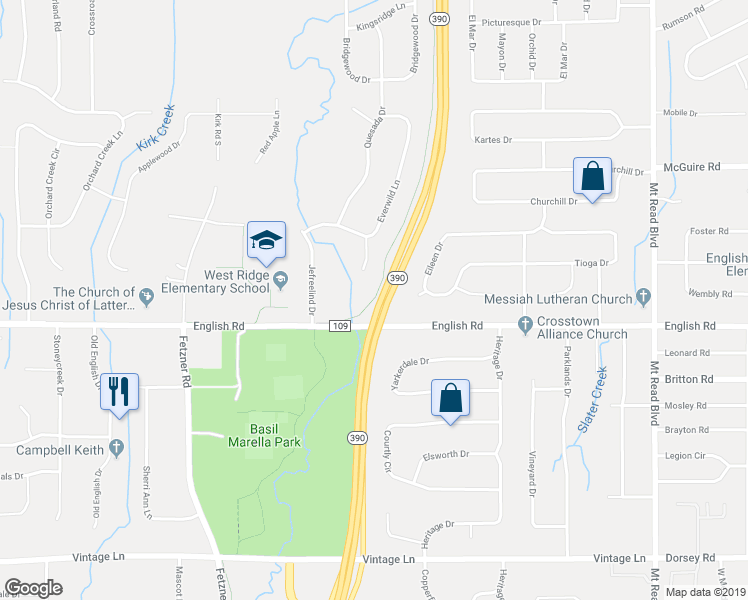 map of restaurants, bars, coffee shops, grocery stores, and more near Route 390 Trail in Monroe County