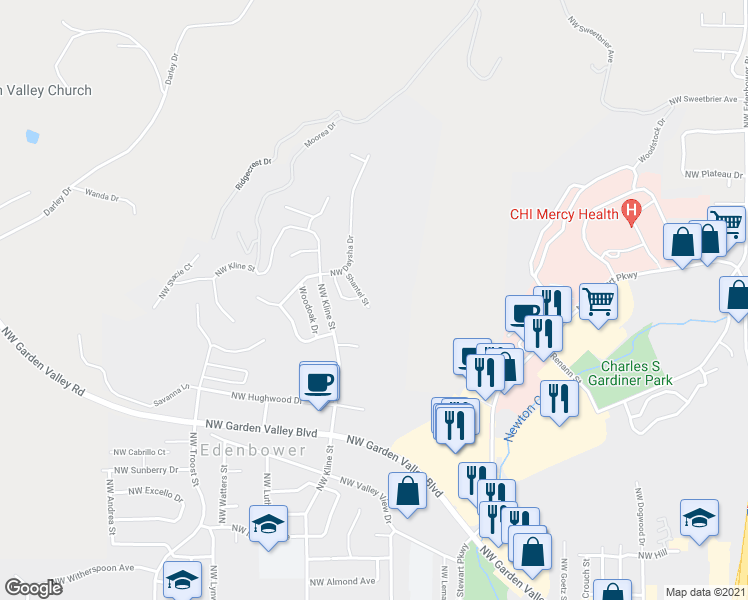 map of restaurants, bars, coffee shops, grocery stores, and more near 2591 NW Shantel St in Roseburg