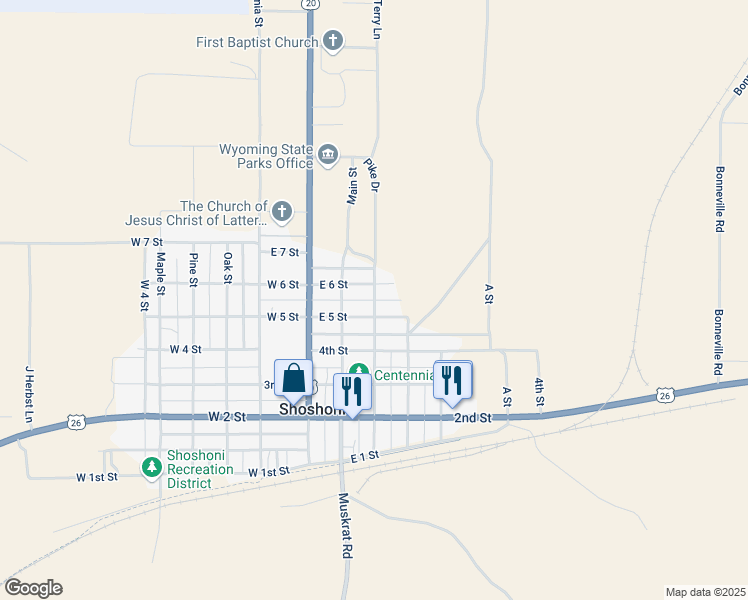 map of restaurants, bars, coffee shops, grocery stores, and more near Main Street in Shoshoni