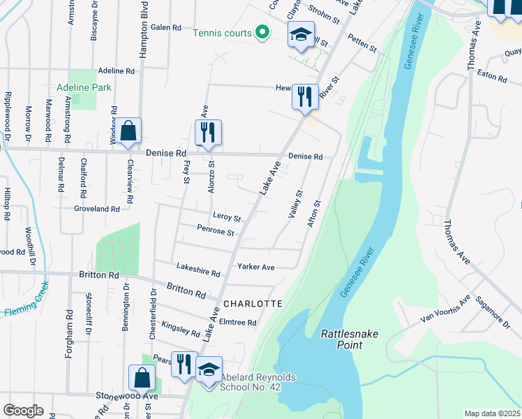 map of restaurants, bars, coffee shops, grocery stores, and more near 3764 Lake Avenue in Rochester