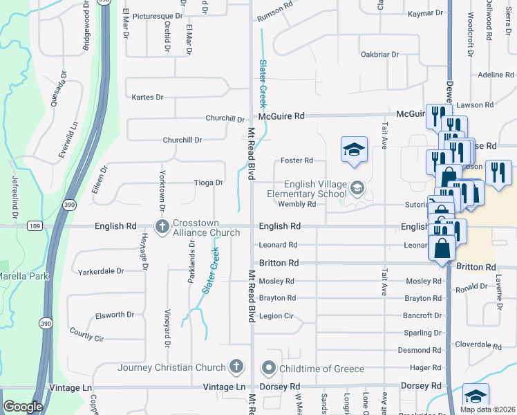 map of restaurants, bars, coffee shops, grocery stores, and more near 51 Wembly Road in Rochester