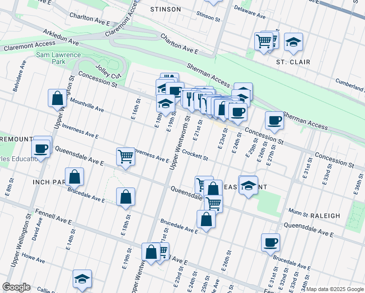 map of restaurants, bars, coffee shops, grocery stores, and more near 408 Upper Wentworth Street in Hamilton