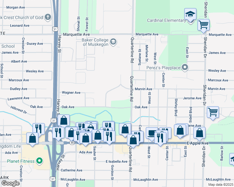 map of restaurants, bars, coffee shops, grocery stores, and more near 1891 Carriage Road in Muskegon