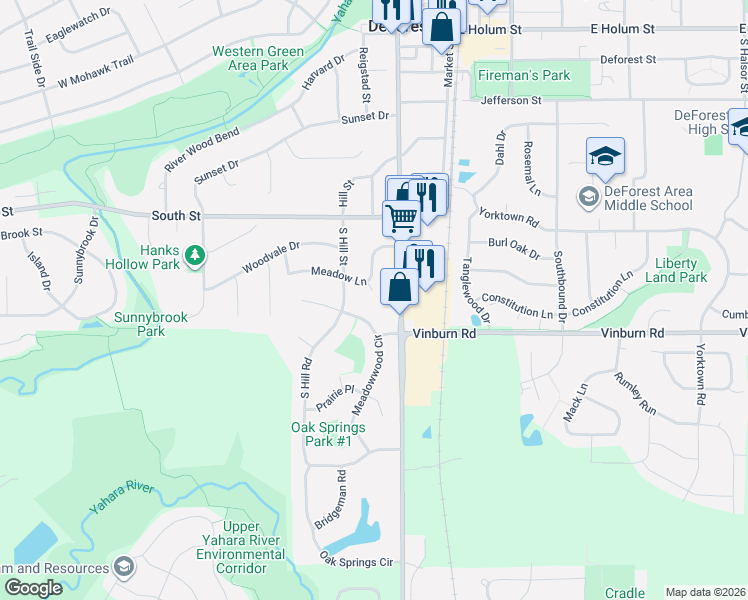 map of restaurants, bars, coffee shops, grocery stores, and more near 732 South Main Street in DeForest