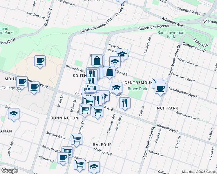 map of restaurants, bars, coffee shops, grocery stores, and more near 47 Brucedale Avenue East in Hamilton