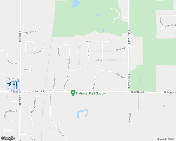 map of restaurants, bars, coffee shops, grocery stores, and more near 3441 Mount Lane in Hubertus