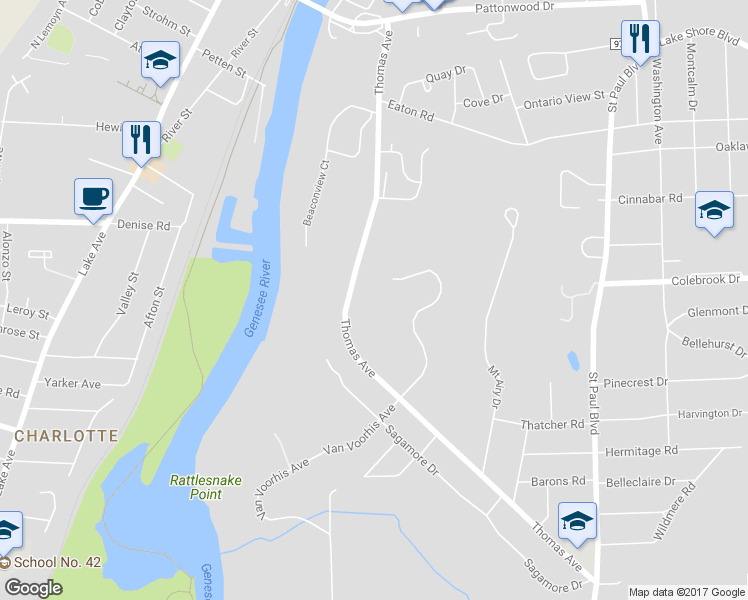 map of restaurants, bars, coffee shops, grocery stores, and more near 590 Thomas Avenue in Rochester