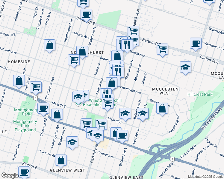 map of restaurants, bars, coffee shops, grocery stores, and more near 105 Parkdale Avenue North in Hamilton