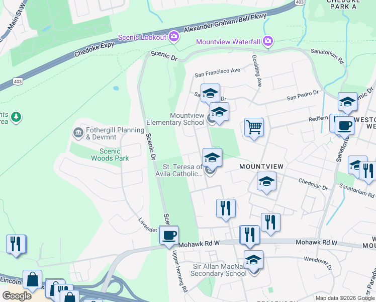 map of restaurants, bars, coffee shops, grocery stores, and more near 30 Tivoli Drive in Hamilton