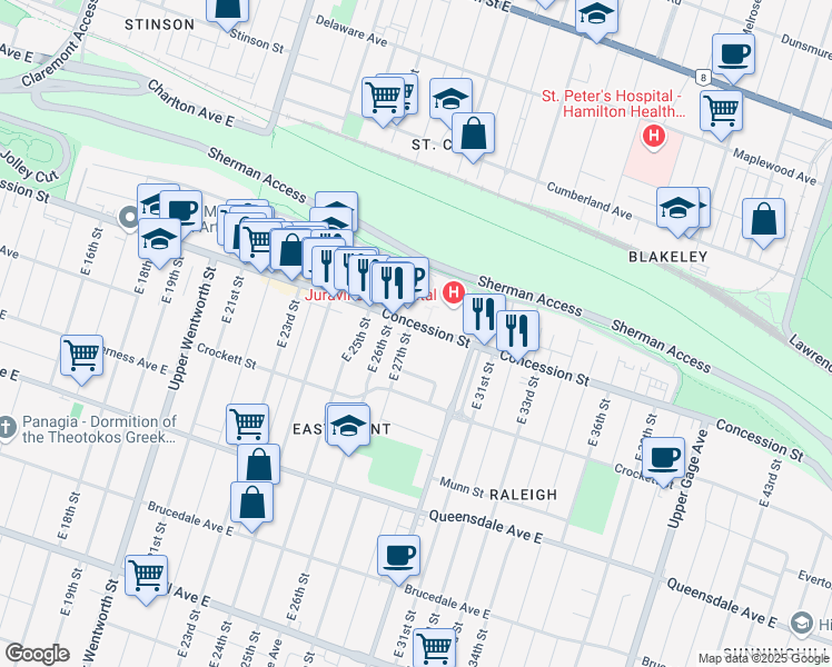 map of restaurants, bars, coffee shops, grocery stores, and more near 696 Concession Street in Hamilton