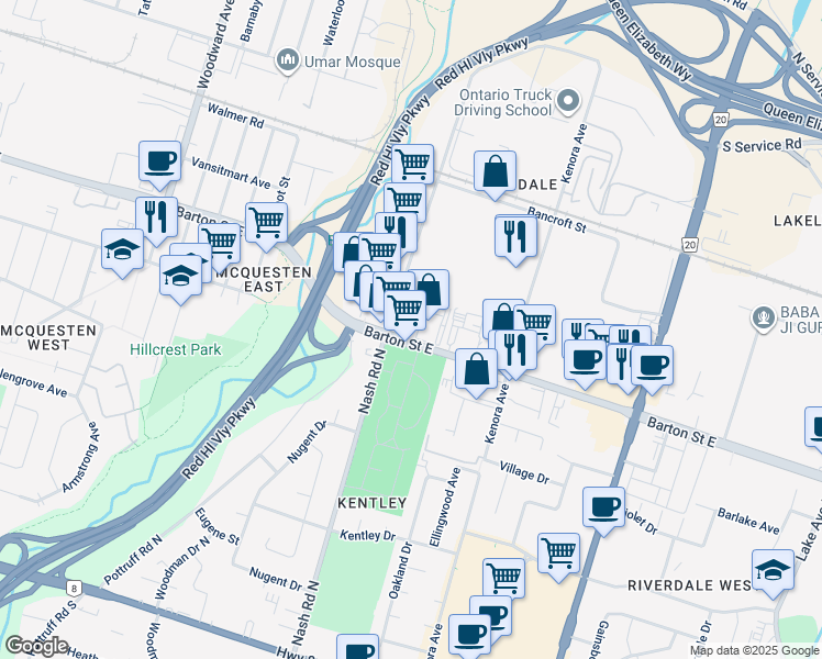 map of restaurants, bars, coffee shops, grocery stores, and more near 2263 Barton Street East in Hamilton