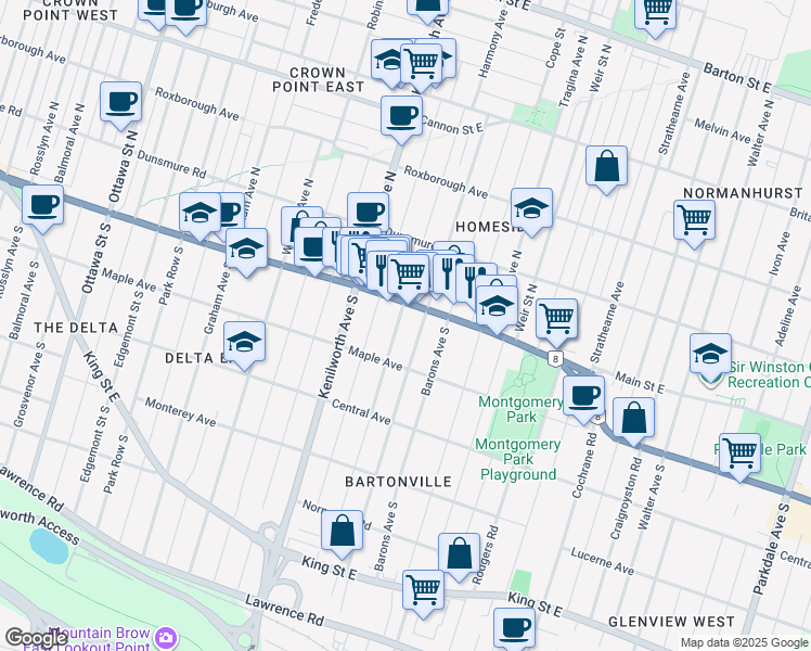 map of restaurants, bars, coffee shops, grocery stores, and more near 1462 Main Street East in Hamilton
