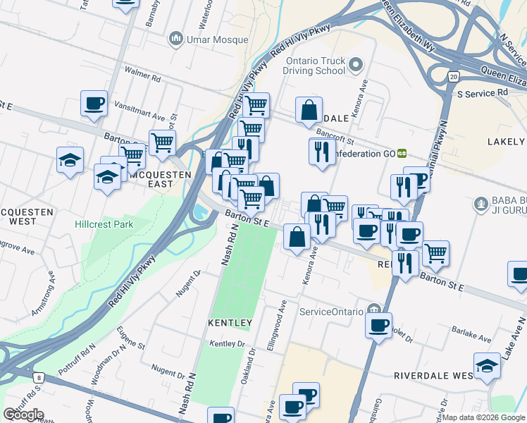 map of restaurants, bars, coffee shops, grocery stores, and more near 2289 Barton Street East in Hamilton