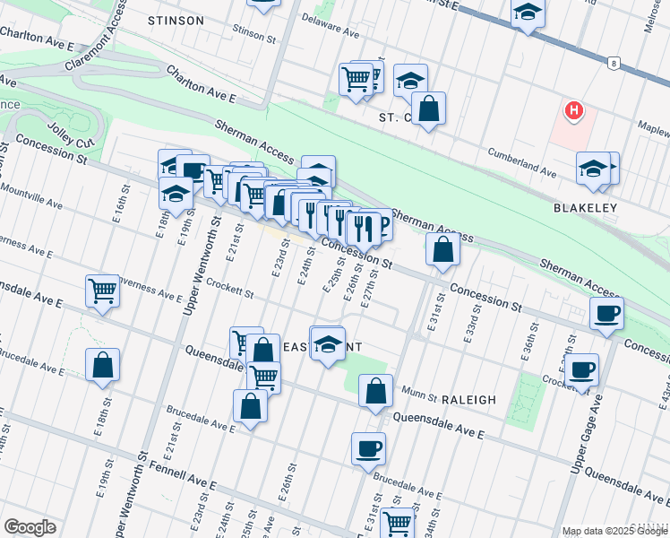 map of restaurants, bars, coffee shops, grocery stores, and more near 10 East 25th Street in Hamilton