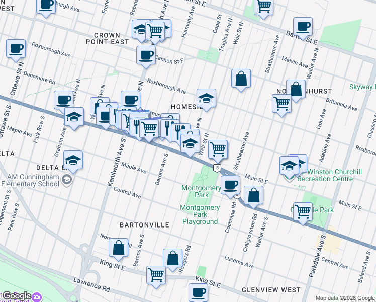 map of restaurants, bars, coffee shops, grocery stores, and more near 5 Tragina Avenue North in Hamilton