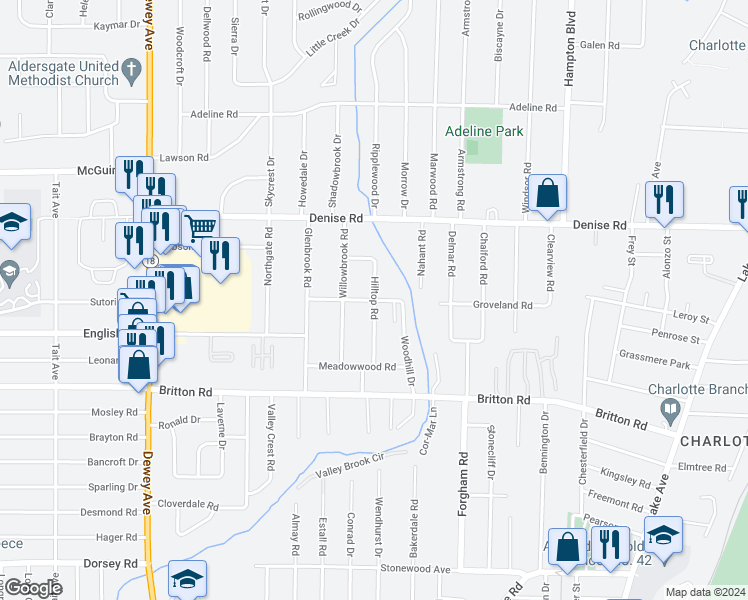 map of restaurants, bars, coffee shops, grocery stores, and more near 133 Hilltop Road in Rochester