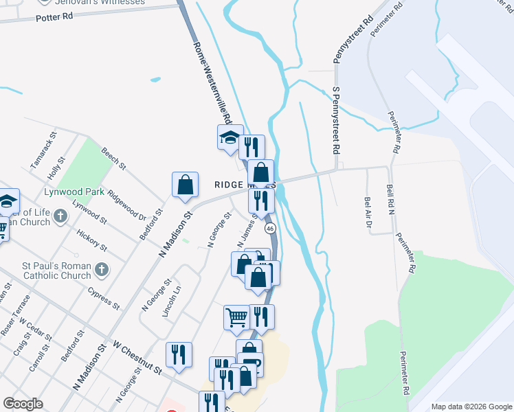 map of restaurants, bars, coffee shops, grocery stores, and more near 1998 Black River Boulevard in Rome