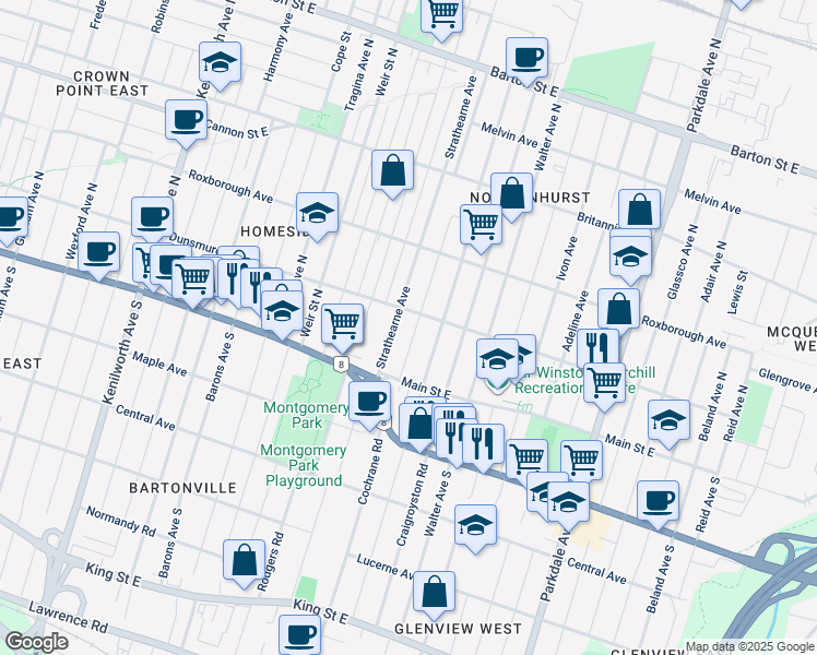 map of restaurants, bars, coffee shops, grocery stores, and more near in Hamilton